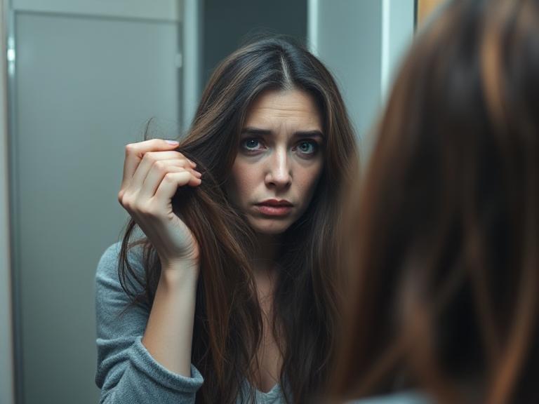 Worried woman experiencing hair fall – causes include stress and poor nutrition