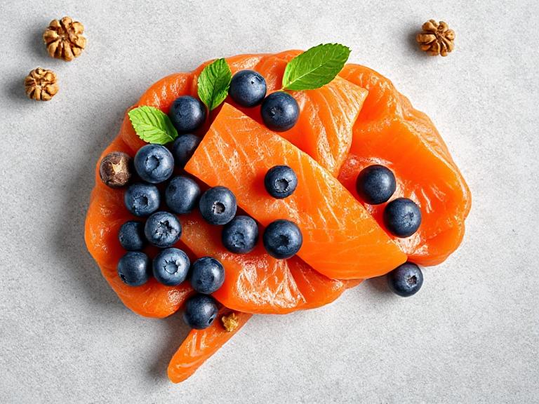 Brain-friendly foods on a wooden table