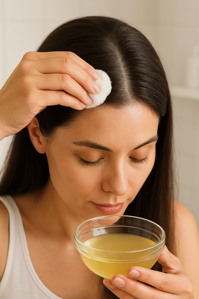 Apply onion juice directly to the scalp for maximum follicle stimulation Woman applying onion juice to her scalp using a cotton pad in a home bathroom setting