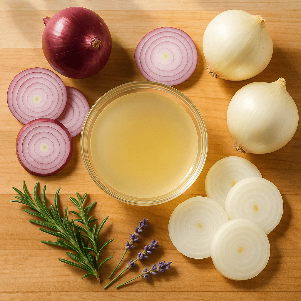 Onion juice – a natural remedy making waves in holistic hair care Fresh onion juice in a glass bowl surrounded by sliced red onions and herbs on a wooden kitchen counter