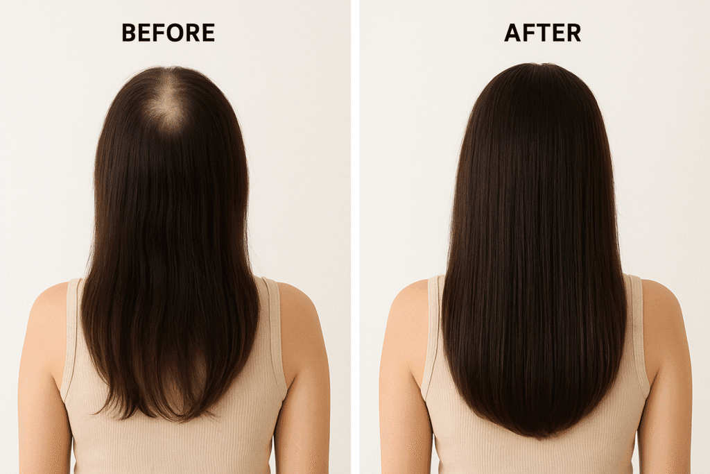 Consistent use of onion juice can lead to visible hair thickening over time. Before and after images showing visible hair regrowth and thickness after using onion juice treatment