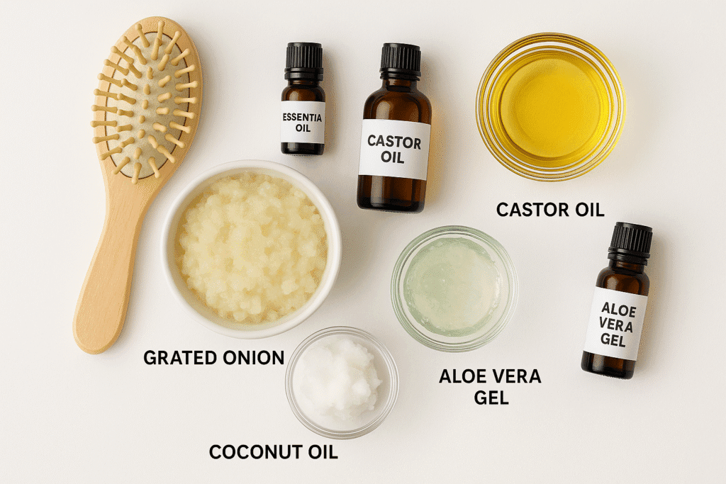 Make your own nutrient-rich onion hair mask with these simple ingredients Flat lay of DIY onion hair mask ingredients including grated onion, castor oil, coconut oil, aloe vera gel, and essential oils