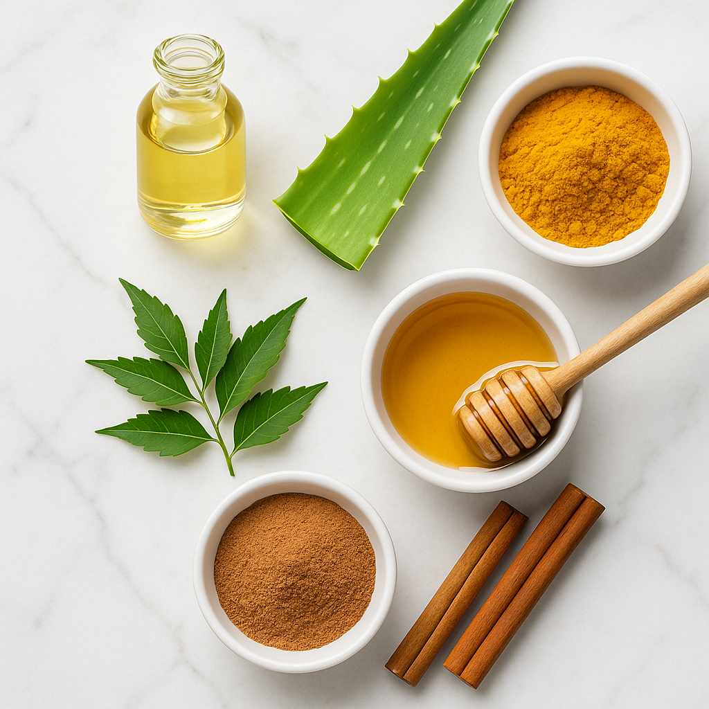 natural skincare ingredients like tea tree oil, aloe vera leaves, turmeric, honey, neem, and cinnamon sticks arranged aesthetically