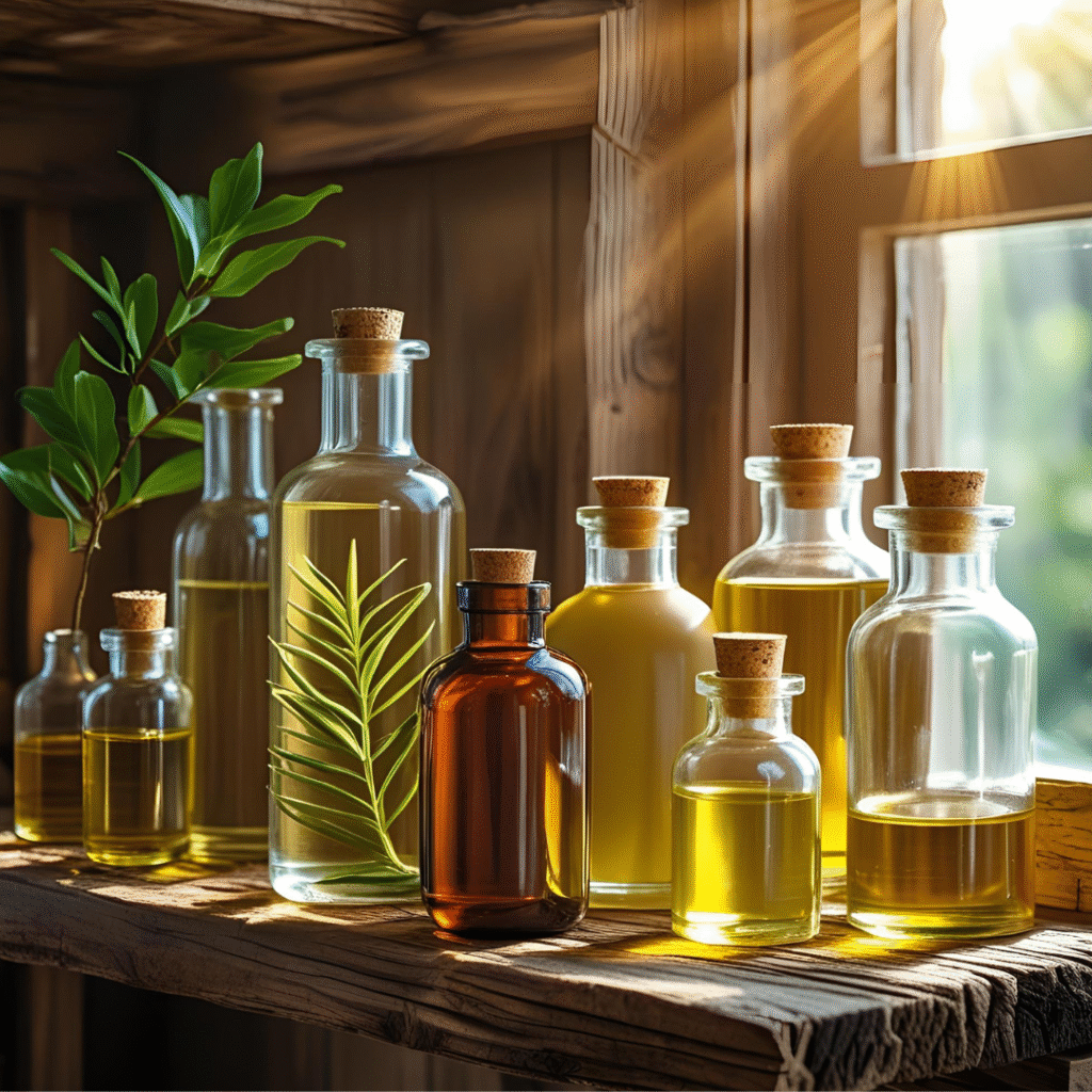 Glass bottles of Homemade oils to stop hair fall naturally stored on a wooden shelf or in a basket.