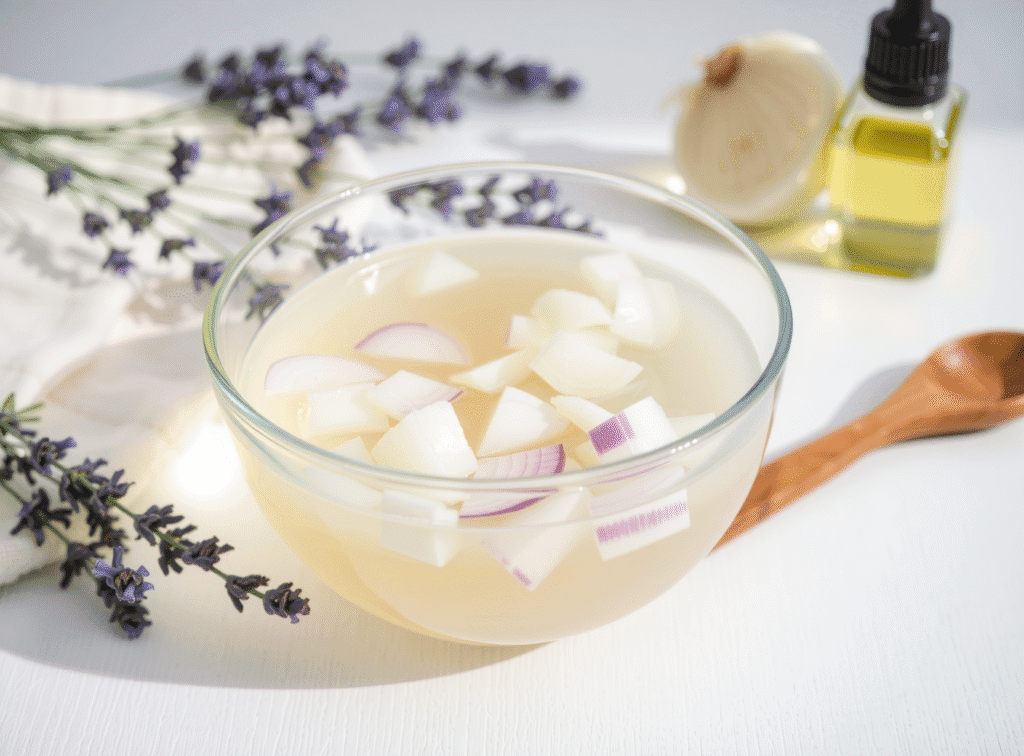 Fresh onion juice and lavender oil for DIY hair fall treatment at home Fresh onion juice and lavender oil for DIY hair fall treatment at home
