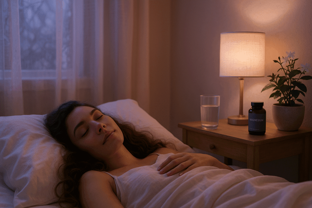 Woman struggling to sleep due to magnesium deficiency symptoms Woman struggling to sleep due to magnesium deficiency symptoms