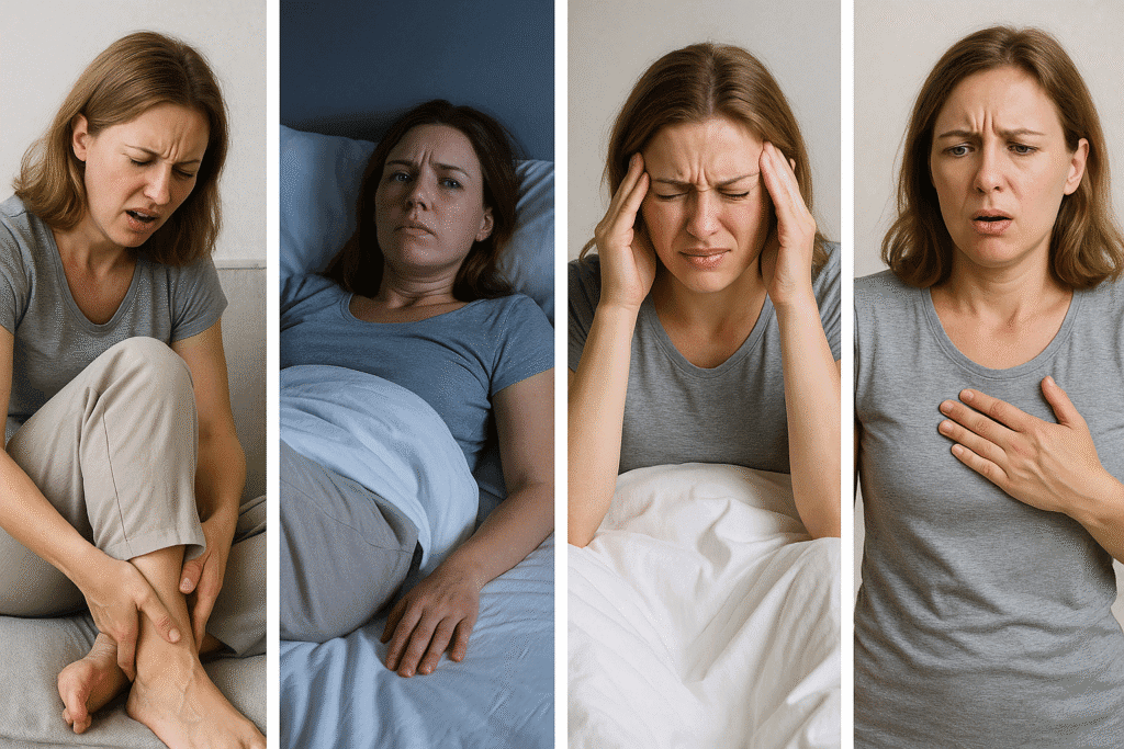 Collage of magnesium deficiency sleep symptoms including leg cramps, restless legs, morning migraines, and nighttime heart palpitations, visualizing hidden signs of poor sleep linked to magnesium deficiency. Collage of magnesium deficiency sleep symptoms including leg cramps, restless legs, morning migraines, and nighttime heart palpitations, visualizing hidden signs of poor sleep linked to magnesium deficiency.