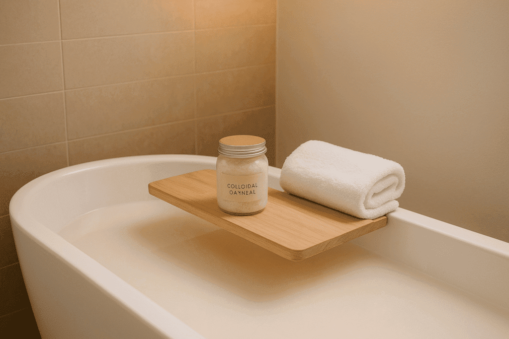 Colloidal oatmeal bath for soothing eczema itching naturally in a spa-like setting Colloidal oatmeal bath for soothing eczema itching naturally in a spa-like setting