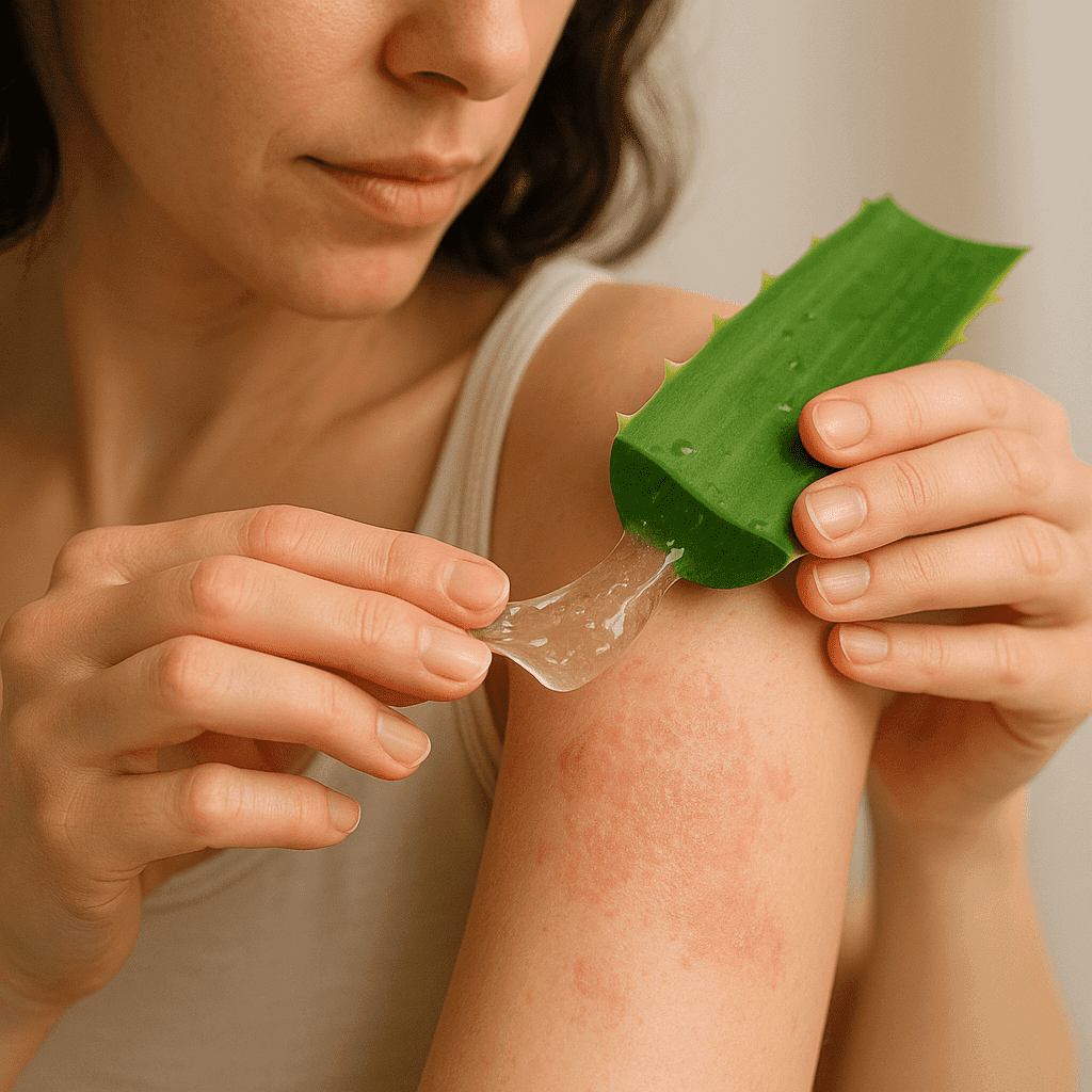 7 Best Remedies for Eczema Itching Relief (Natural, Fast & Dermatologist-Backed) 1 Flat lay of natural eczema remedies including Manuka honey, aloe vera, and coconut oil