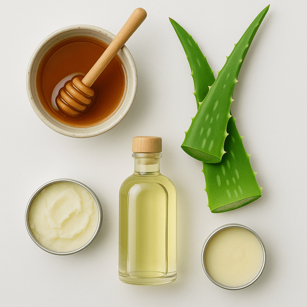 7 Best Remedies for Eczema Itching Relief (Natural, Fast & Dermatologist-Backed) 2 Flat lay of natural eczema remedies including Manuka honey, aloe vera, and coconut oil